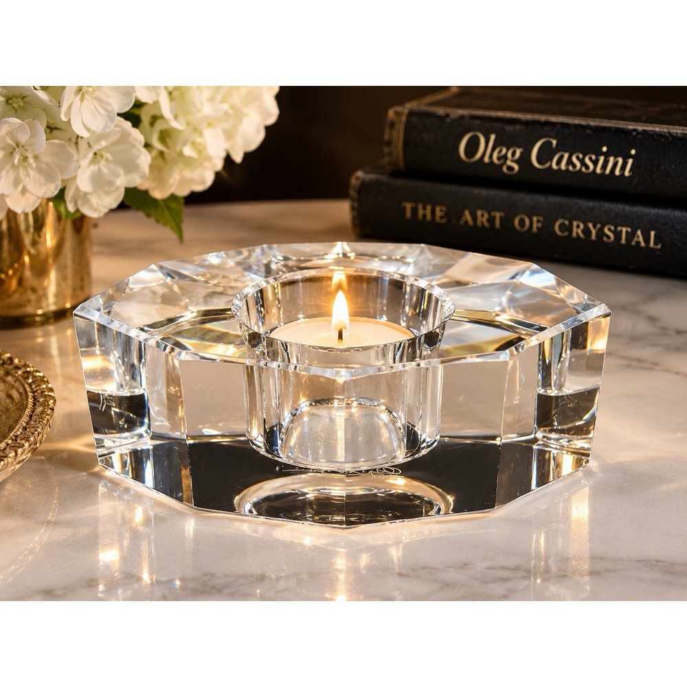 Oleg Cassini Crystal Tealight Candle Votive Holder Signed Faceted